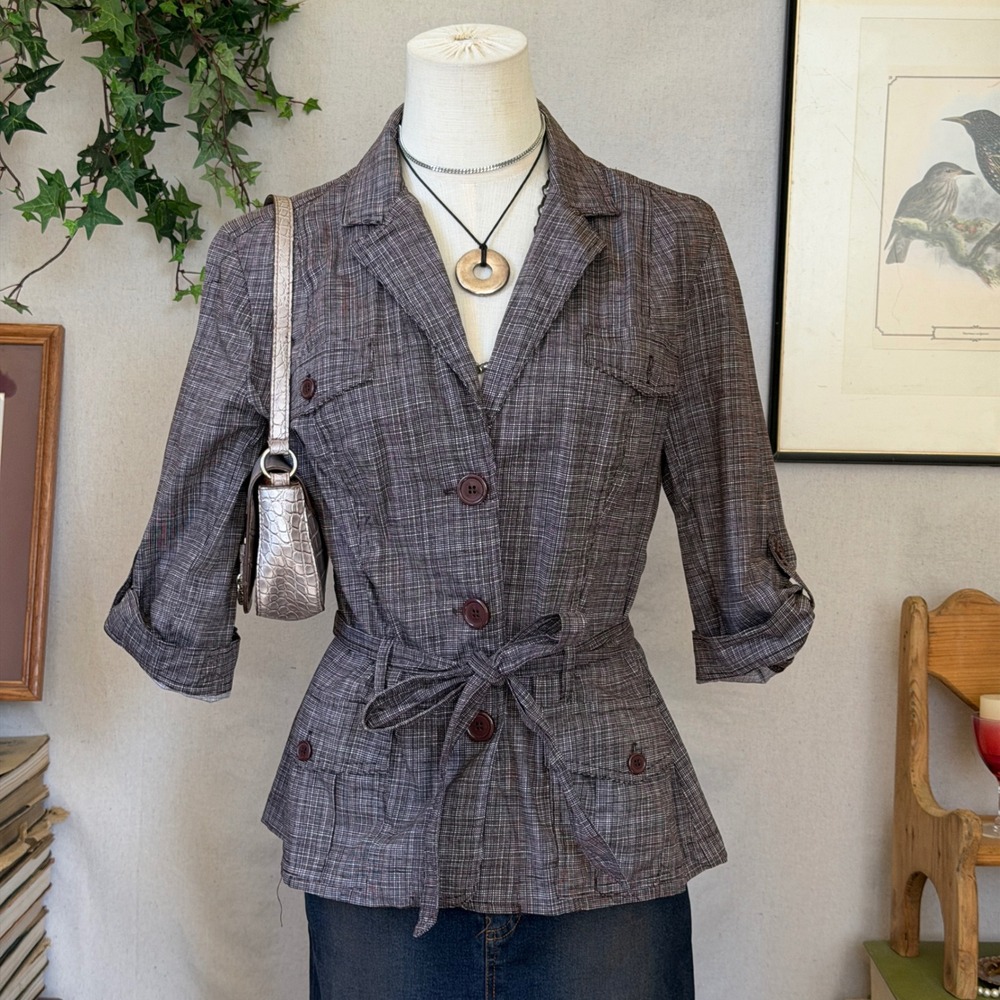 Brown Plaid Cotton Button Up Top Belted Safari Whimsy Twee Feminine Retro